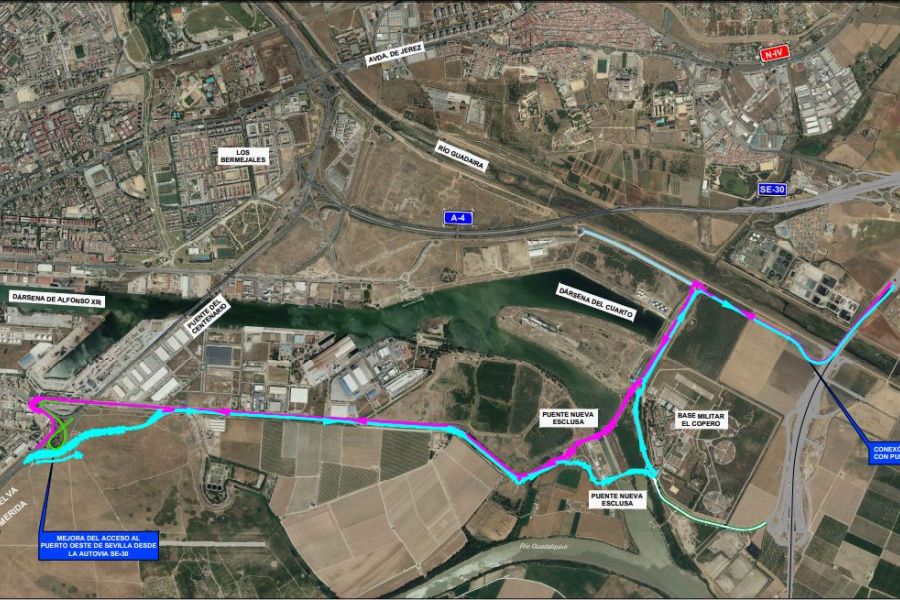 Próxima apertura de los desvíos entre SE-30 y SE-40 que conectan con el Puerto de Sevilla con motivo de las obras de sustitución de tirantes del Puente del Centenario
